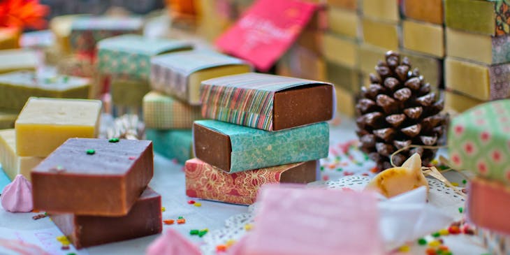 Soap with colorful packaging at a soap business.