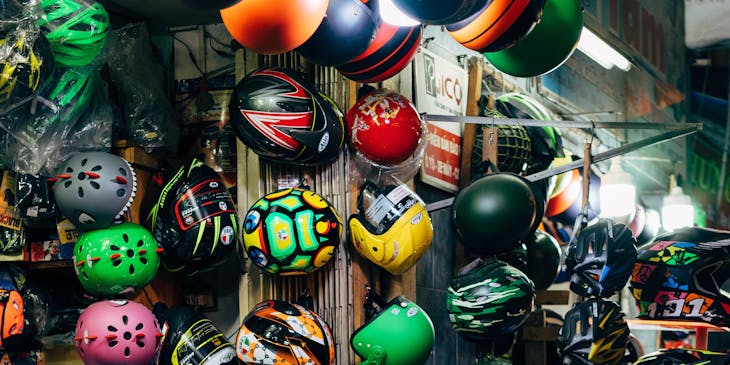 Sports equipment put on display in a sporting goods business.