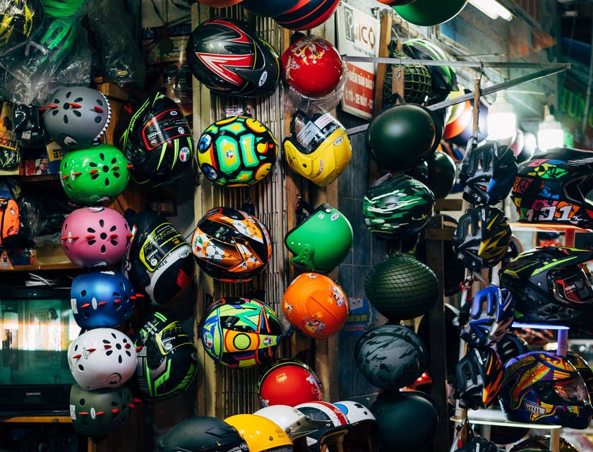 Sports equipment put on display in a sporting goods business.