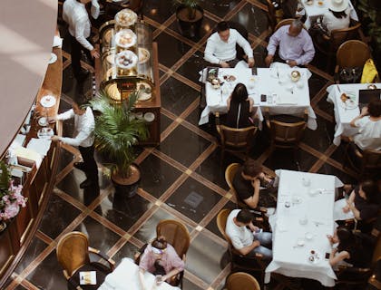 Aerial shot of diners eating at a supper club.