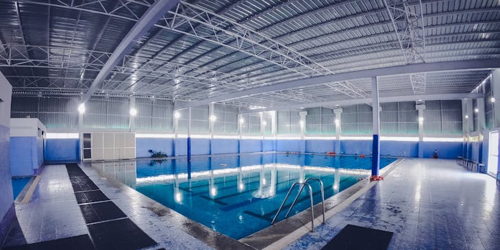 A blue swimming pool.