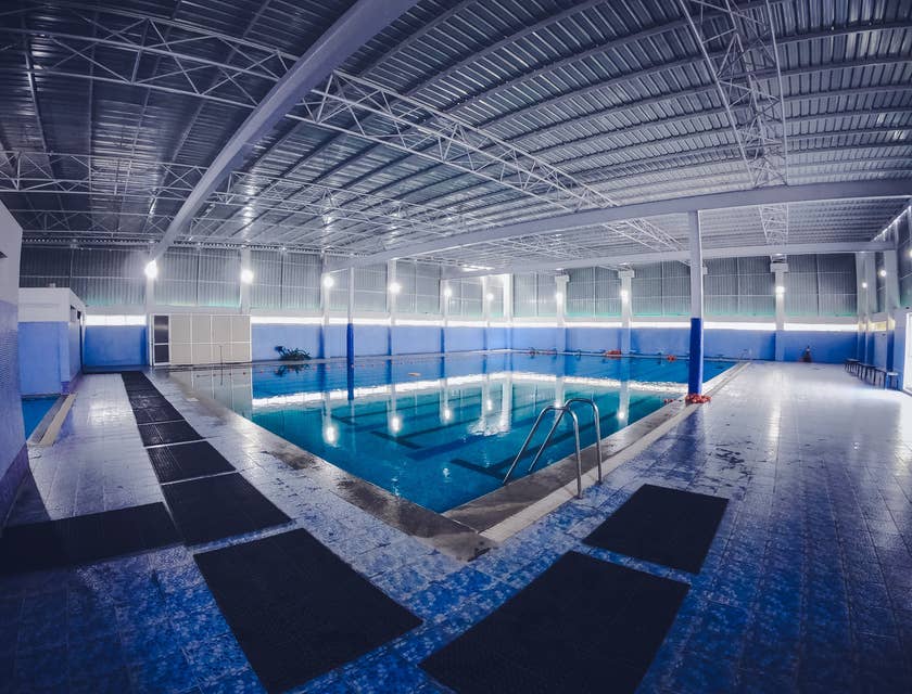 A blue swimming pool.