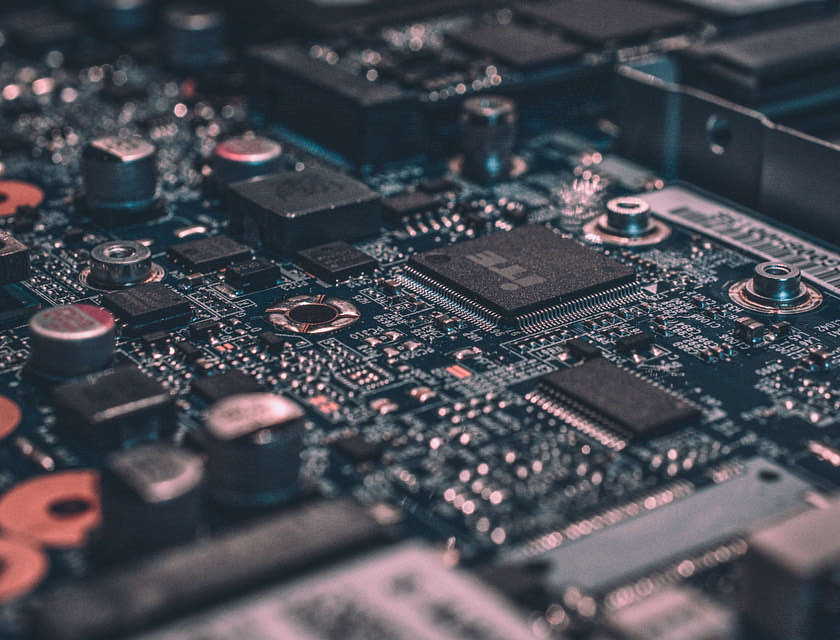 Close-up of a circuit board at a tech business.