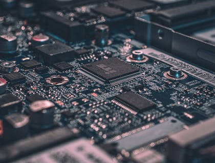 Close-up of a circuit board at a tech business.
