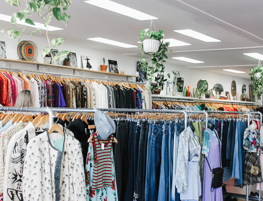 Shorts, jeans et jupes assortis suspendus dans un magasin bien éclairé, décorés de plantes suspendues et en pot dans une friperie.