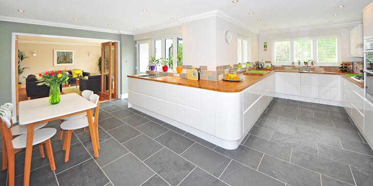 Kitchen with stone tile work.