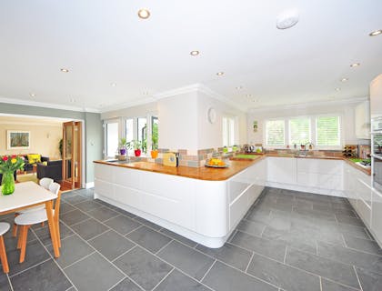 Kitchen with stone tile work.