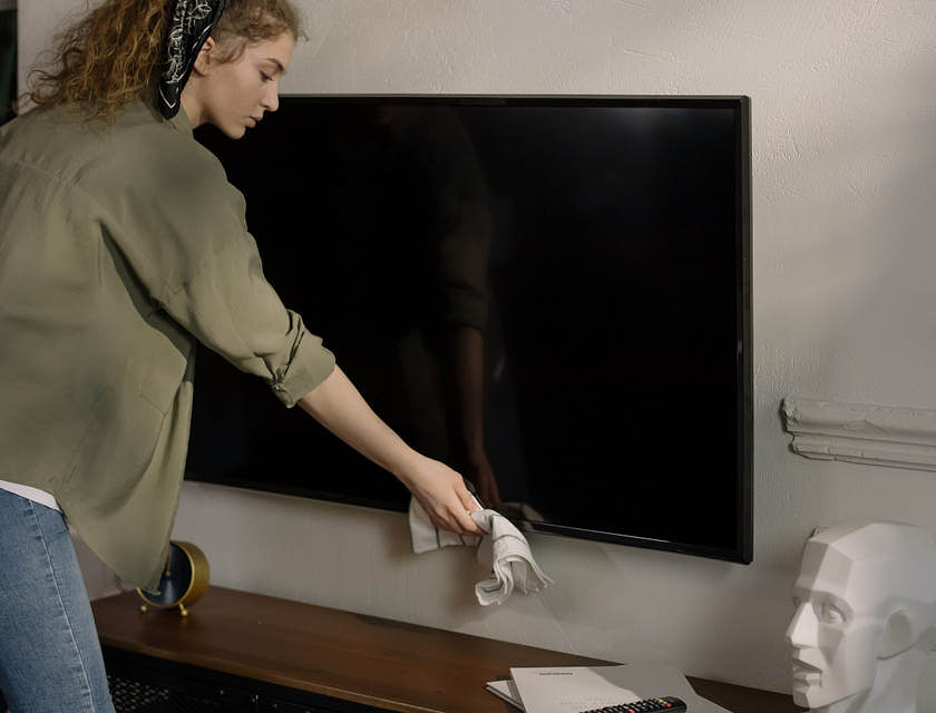 A woman cleaning a TV mounted on the wall.