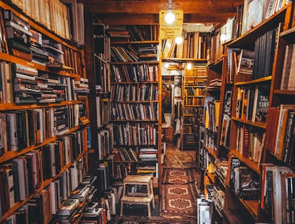 Vários livros em prateleiras em um sebo.
