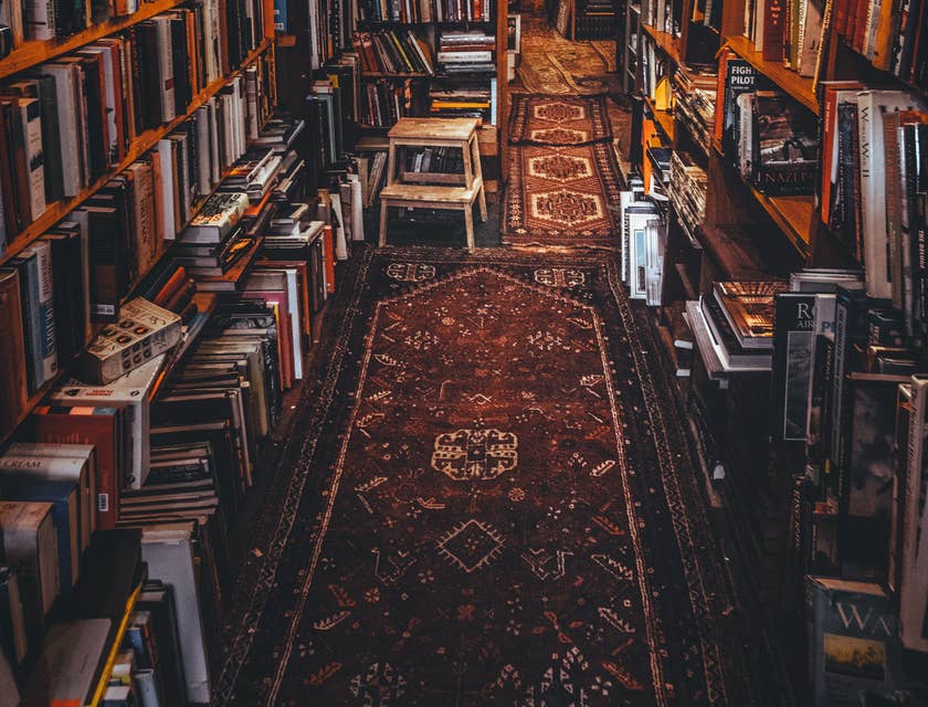 Room in a used bookstore filled with books.