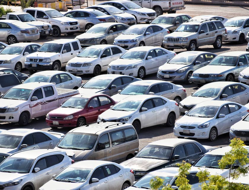 Alcune automobili usate in un grande parcheggio di una rivendita di auto usate.