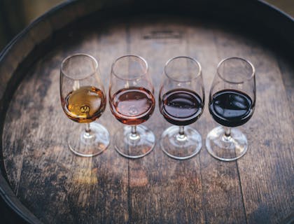 Des verres à vin contenant de petites quantités de vins variés, placés sur un tonneau.
