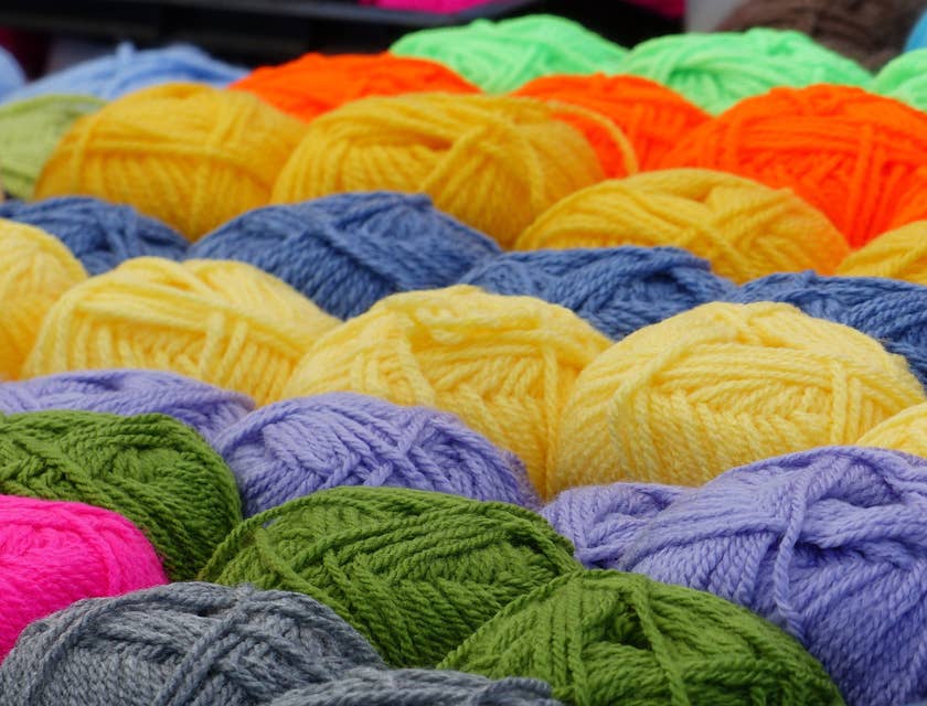 Colorful balls of yarn in a yarn business.