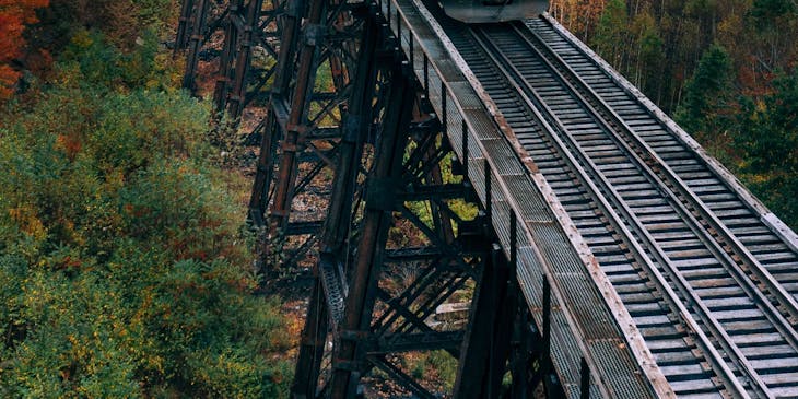 A train on a railroad in New Hampshire.