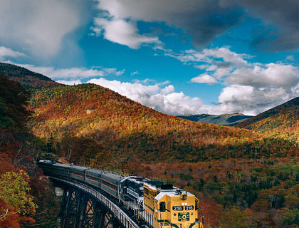 A train on a railroad in New Hampshire.