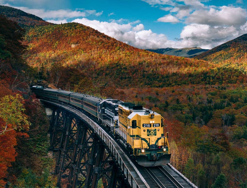 A train on a railroad in New Hampshire.