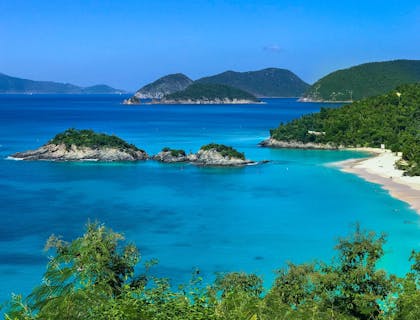La imagen de una costa de arena blanca a lo largo de Trunk Beach en una empresa de las Islas Vírgenes.