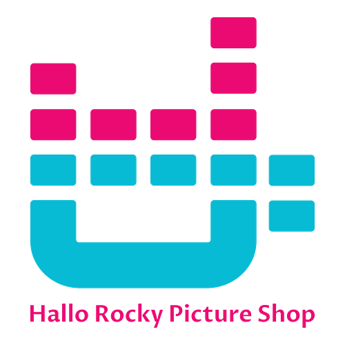 Ein Logo für einen Dekoladen namens Hallo Rocky Picture Shop.