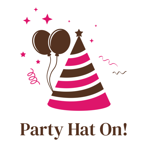 Logo de una empresa de organización de eventos llamada "Party Hat On!".