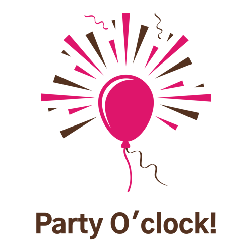 Logo de una empresa de organización de eventos llamada "Party O'Clock!".